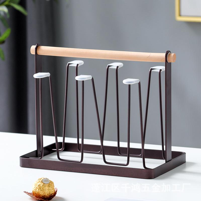 Cup Drying Rack Stand,Beer Glasses Rack 6 Cup Metal Drainer Holder Rack Non-Slip Mugs Cups Organizer with Wood Handle