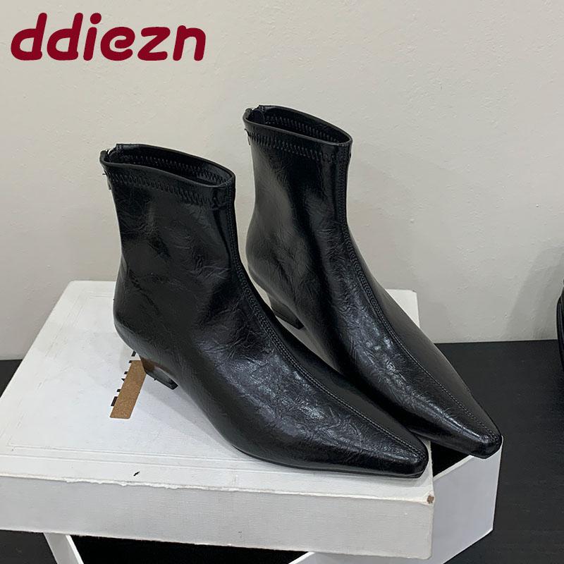Fashion Silver Female Low Heel Women Ankle Stretch Boots Zippers Fashion Pointed Toe Ladies Modern Short Boots Pumps Shoes Lady