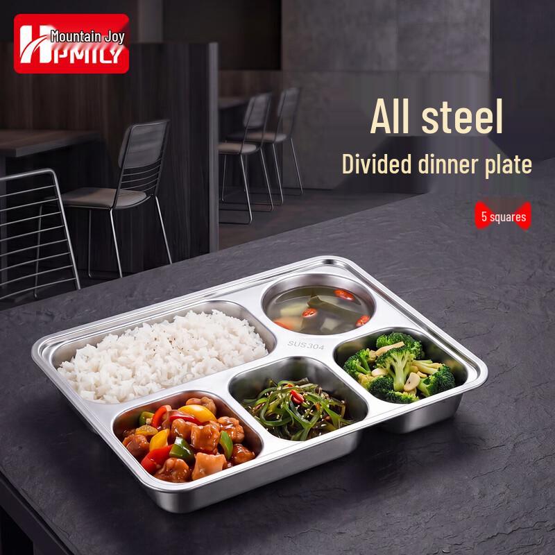 HPMILY 304 Stainless Steel 5-Compartment Divided Meal Plate (2-Pack)