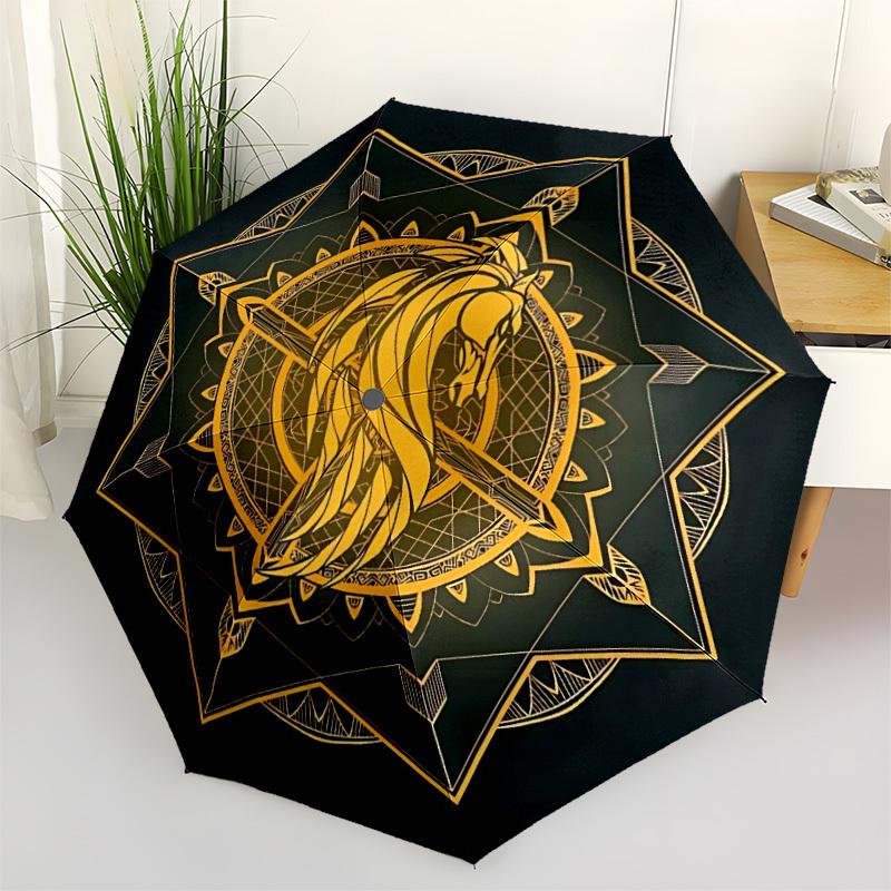 1pc Horse Mandala Automatic Folding Umbrella - Compact 8-Rib Design, Durable Plastic & Iron, Lightweight for Outdoor Daily Use116