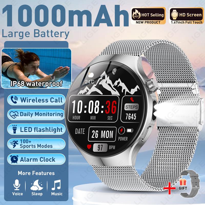 2026 New Military 1000mAh Battery Men's Smart Watch For Men Health Monitoring Bluetooth Call 100+ Sports Mode Flashlight Sport Fitness Smartwatch