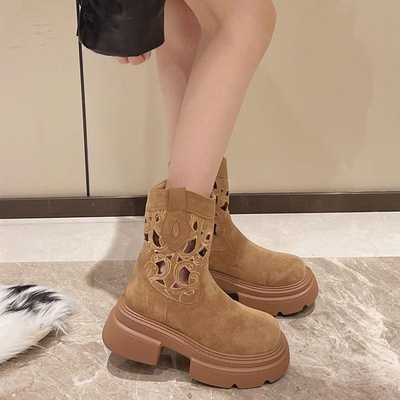 Spice Girl Hollow Western Cowboy Boots Women's 2025 Summer New Embroidered Thick Heel Vintage Maillard Mid-Leg Martin Boots