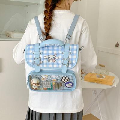 High-value Canvas Schoolbag, Small Food, Two-dimensional Blue Plaid Pvc Flip Girl Backpack