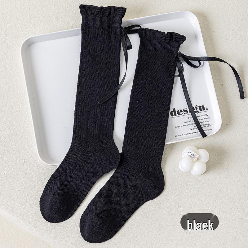 Girls' Summer Mesh Long Socks with Bowknot - Lightweight, Breathable Calf-Length Socks