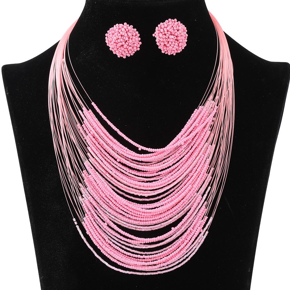 Bohemian Multi-Layer Rice Bead Necklace Earrings Set Retro Ethnic Style Sweater Chain Women'S Multi-Layer Jewelry