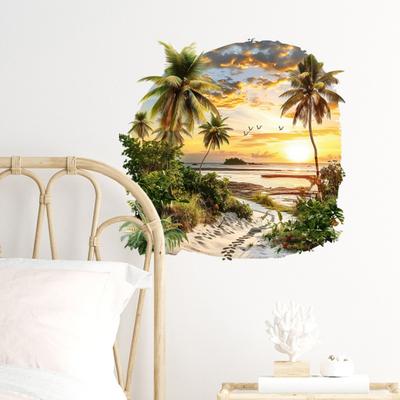 Adesivos de Parede Pôr do Sol na Praia de Verão Grande Planta Tropical Palmeira Decalques de Parede Removíveis e Colantes Arte de Parede Decoração para Sala de Estar Quarto Escritório Sofá TV
