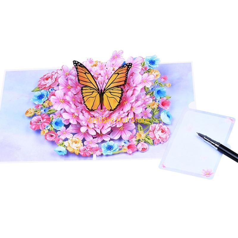

3D Popup Butterfly Floral Card Birthday Greeting Cards Wedding Supplies Paper Postcards Blank Thank You Cards Creative D57B CN