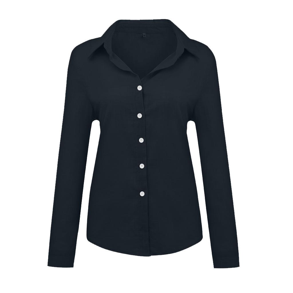 Nowe letnie damskie bluzki w jednolitym kolorze z klapą na guziki Casual luźna z długim rękawem lniany Top bluzki damskie biały top Blusas Mujer