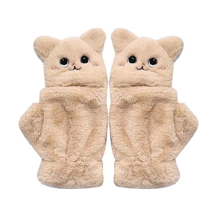

Женские зимние перчатки-трансформеры, варежки-трансформеры, толстые плюшевые перчатки с кошачьим принтом на половину пальцев с чехлом, перчатки на половину пальца хаки