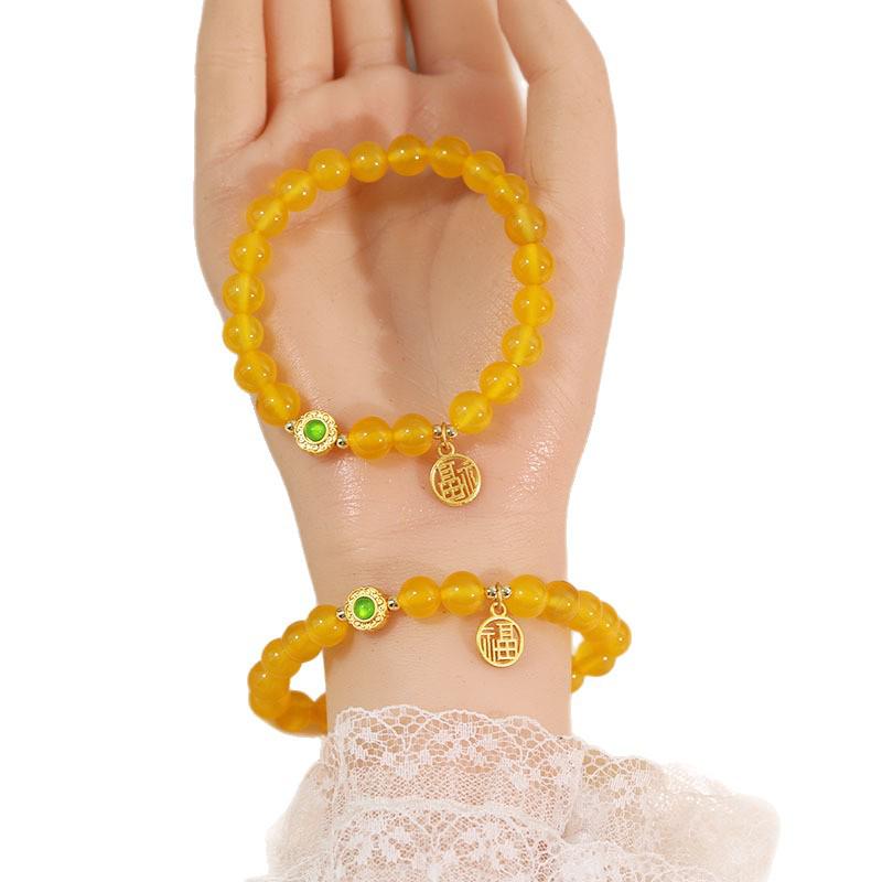 Natural Yellow Agate Bracelet: Fu Character Beaded, Versatile Chicken Fat Yellow Design for Women, Best Friend Gift, Simple High-Grade Small Ornament.