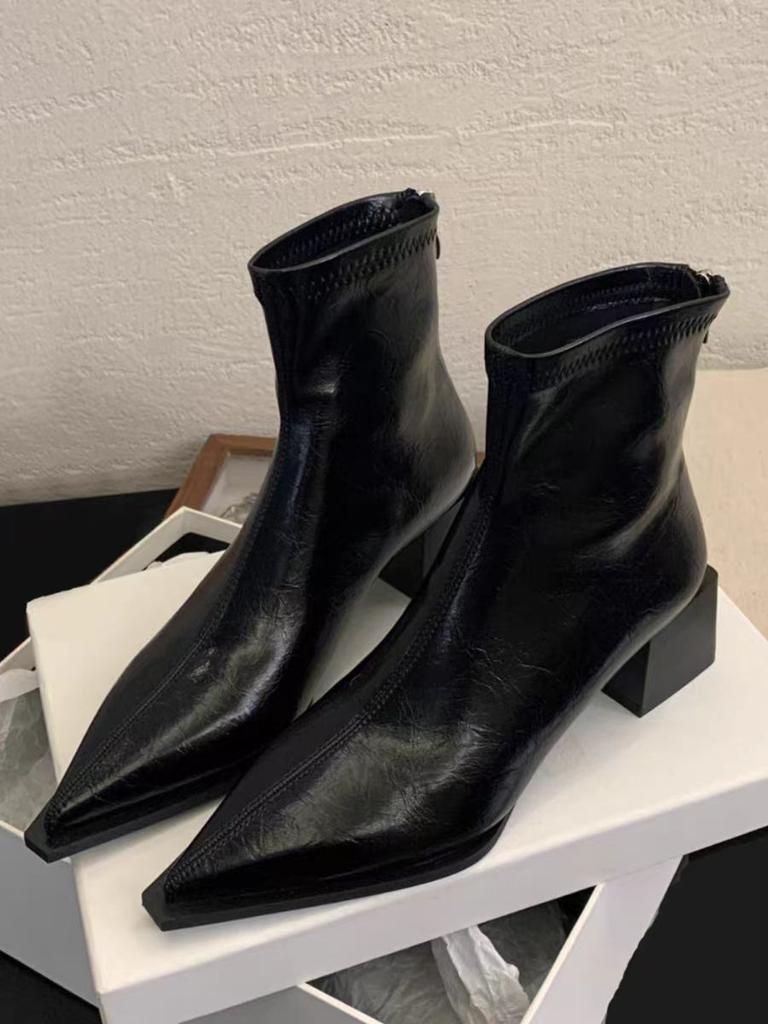Fashion Pointed Toe Modern Ladies Short Boots Shoes Female Square Heels Women Ankle Stretch Boots Zippers Shoes Pumps 35-42