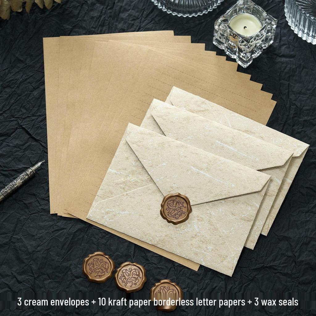 Gilded Envelope & Letter Paper Set - Embossed Texture, Straits Style, Handwritten Love Letters with Wax Seal for Valentine's Day