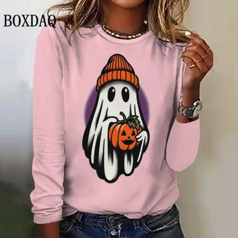Cute Cartoon Women's Long Sleeved T-Shirts Halloween Ghost Round-Neck Loose Clothing Fashions Festival Casual Ladies Shirts Tops