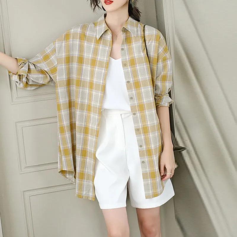 Cotton Plaid Shirt Women's Spring and Autumn Thin Sunscreen Clothing Women's Long-sleeved Cardigan Mid-length Top