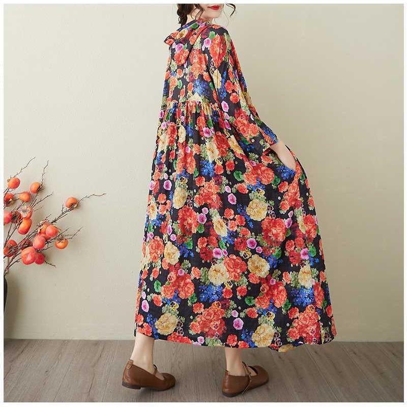 Ladies' Retro Niche Cloud Brocade Yarn Cotton Linen Hooded Printed Dress