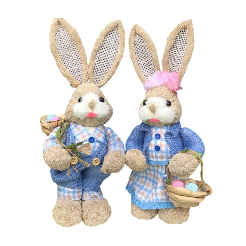 2pcs Easter Straw Rabbit Figurines Farmhouses Decorations Handcraft Straw Rabbit Sculptures For Festival Table Display