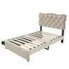 90*200 cm Flat Bed, Upholstered Bed, Nightstand Upholstery with Decorative Studs, Double Drawers, Dark Beige