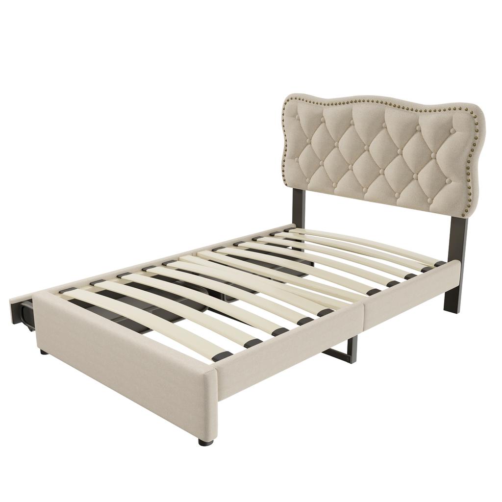 90*200 cm Flat Bed, Upholstered Bed, Nightstand Upholstery with Decorative Studs, Double Drawers, Dark Beige
