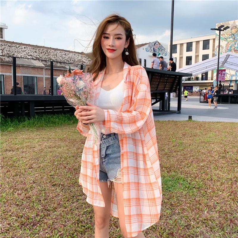 

Длинная солнцезащитная одежда выше колена, женская свободная шифоновая рубашка в клетку мм, солнцезащитная одежда, большое свободное длинное пальто M