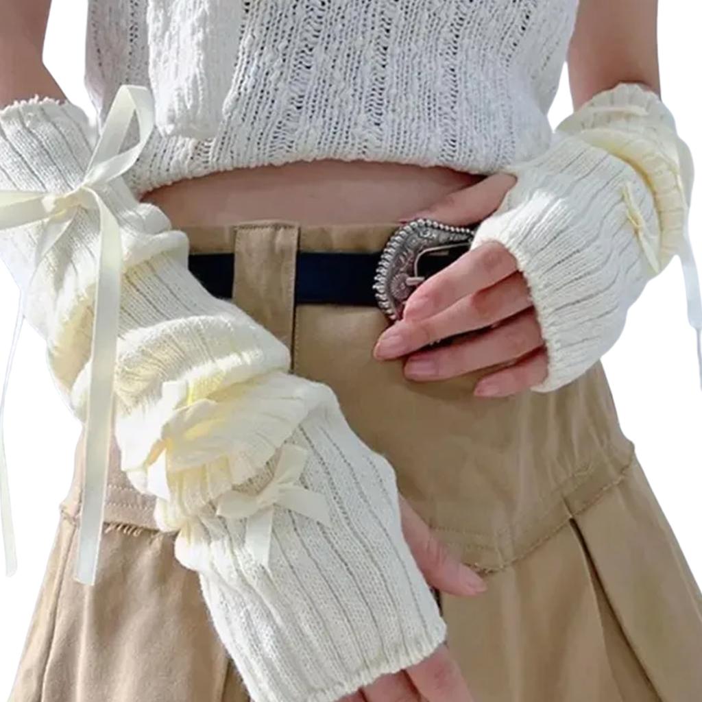 Y2K Mote Armvarmere Strikkede Sløyfehansker for Kvinner og Jenter Halvfinger Votter Ensfarget Tykke Armermer