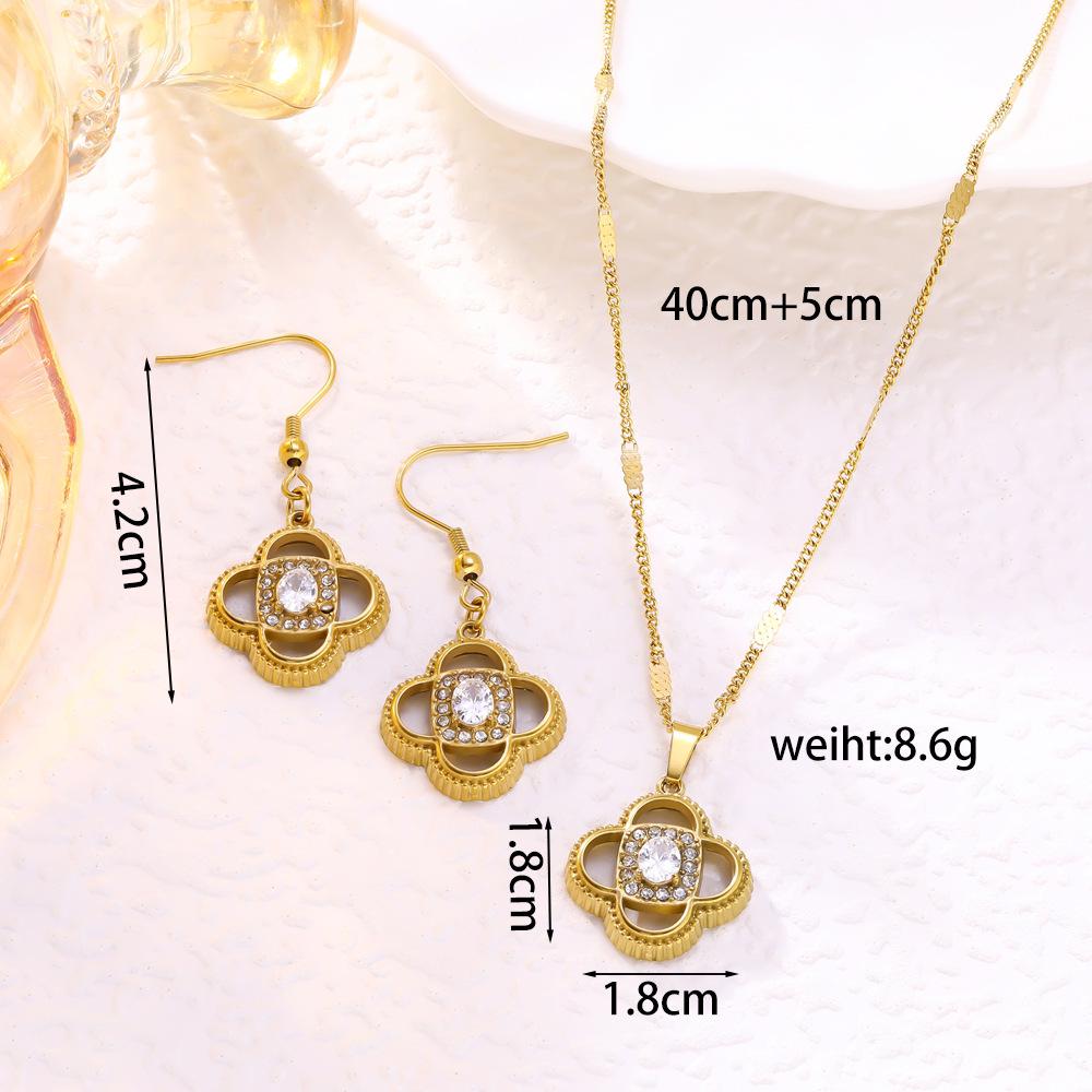 French Luxury Four-Leaf Clover Diamond Necklace & Earrings Set for Women