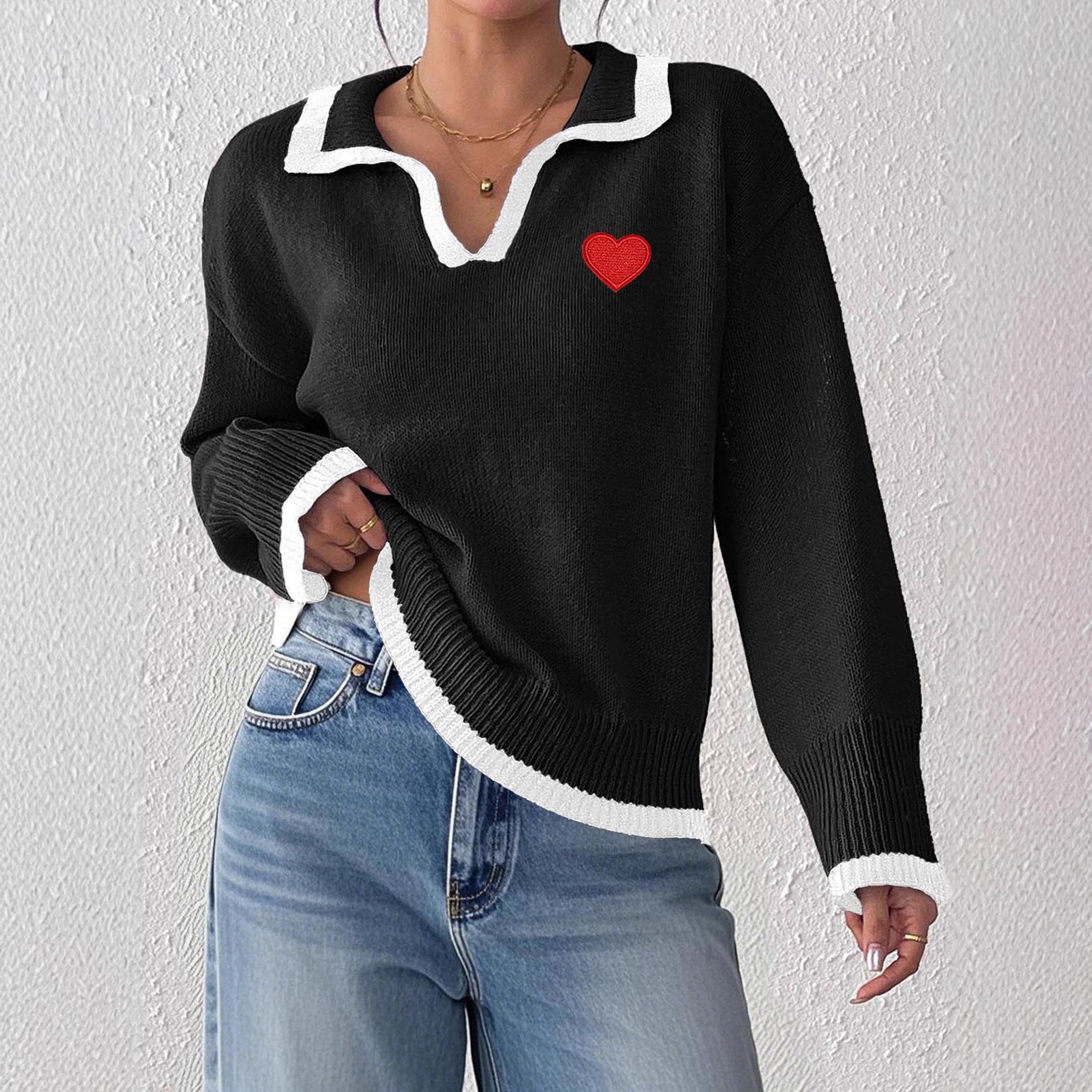 

Collar-style Color-matched Heart-shaped Patch Design Women s Pullover Sweater for Autumn and Winter Season XL чорний