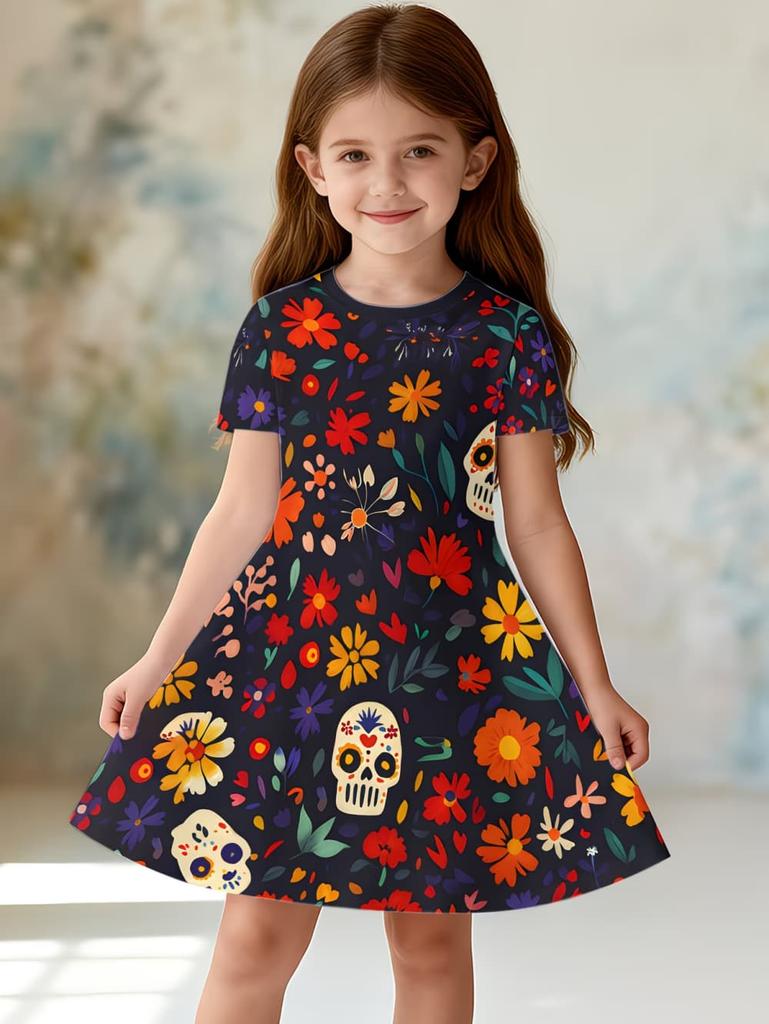 Mädchenkleider Bunt Floral Grafik Print Kurzarmkleid Sommerurlaub Süßes Mädchen Prinzessinnenkleid Mode Freizeitkleidung