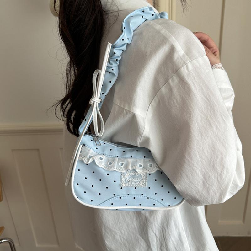 Yogodlns Lace Polka Dot Shoulder Bag Stretchable Strap Large Capacity Pleated Underarm Bag Multi-Color French Stick Handbag Purse