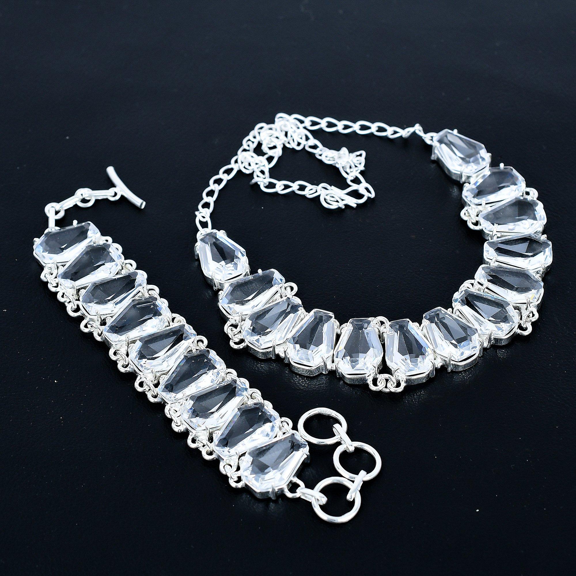 

White Topaz Necklace & Bracelet Jewelry Set, Coffin White Topaz Gemstone 925 Sterling Silver Handmade Jewelry Unique Collection, New Year Gift 20 білий