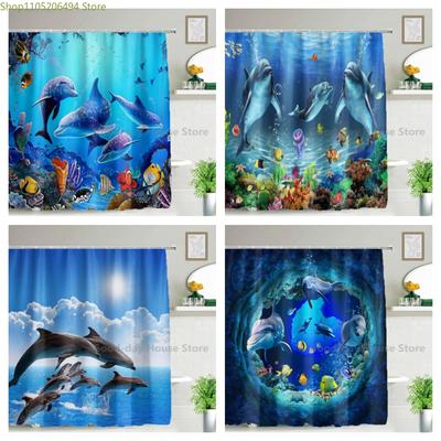 3D Dolphin Bathroom Shower Curtain Waterproof Polyester Fabric Kids Bath Curtain with 12 Hooks Cute Cortinas Washable Home Dec