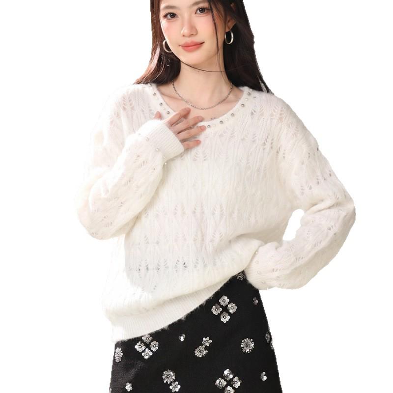2026 Women's Korean-Style Beaded Hollow Pullover Sweater, Autumn Knitwear with Relaxed Design