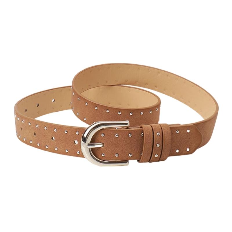 Unisex Solid Color Jeans Belt Studded Accents Adjustable PU Leather Fashion Accessory With Metal Buckles