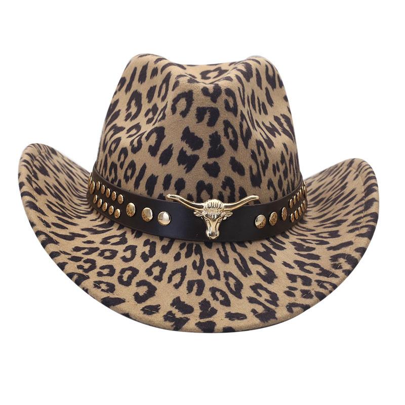 European and American leopard print felt hat men's and women's retro western cowboy hat outdoor woolen jazz hat street fashion top hat