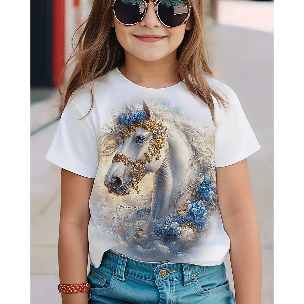 Girls' 3D Horse T shirt Tee Short Sleeve Summer Spring Fashion Basic Kids 4-12 Years Crew Neck Outdoor Casual Daily Regular Fit