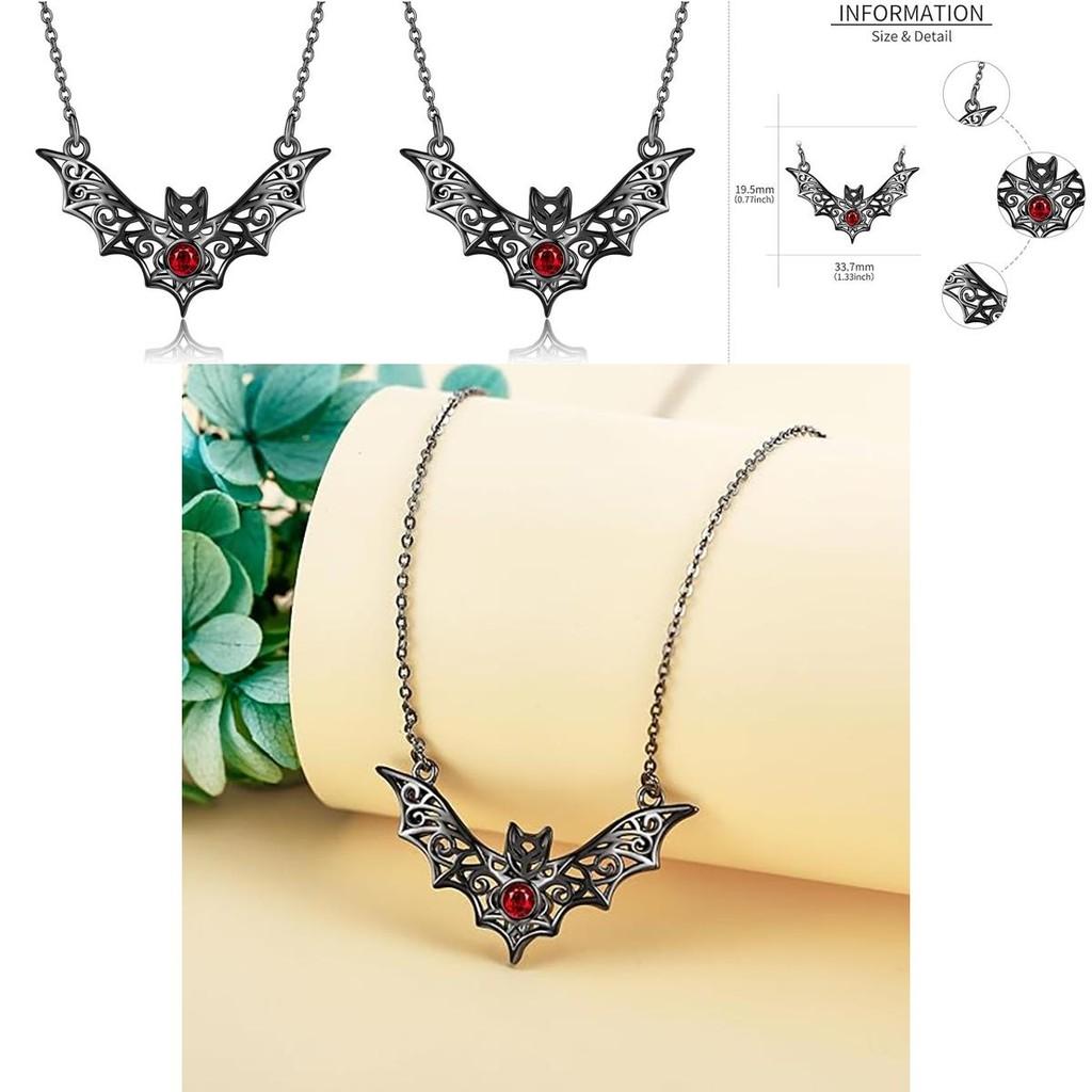 Gothic Bat Pendant Necklace With Faux Ruby Cutouts And Alloy Material For Halloween Costume Accessories