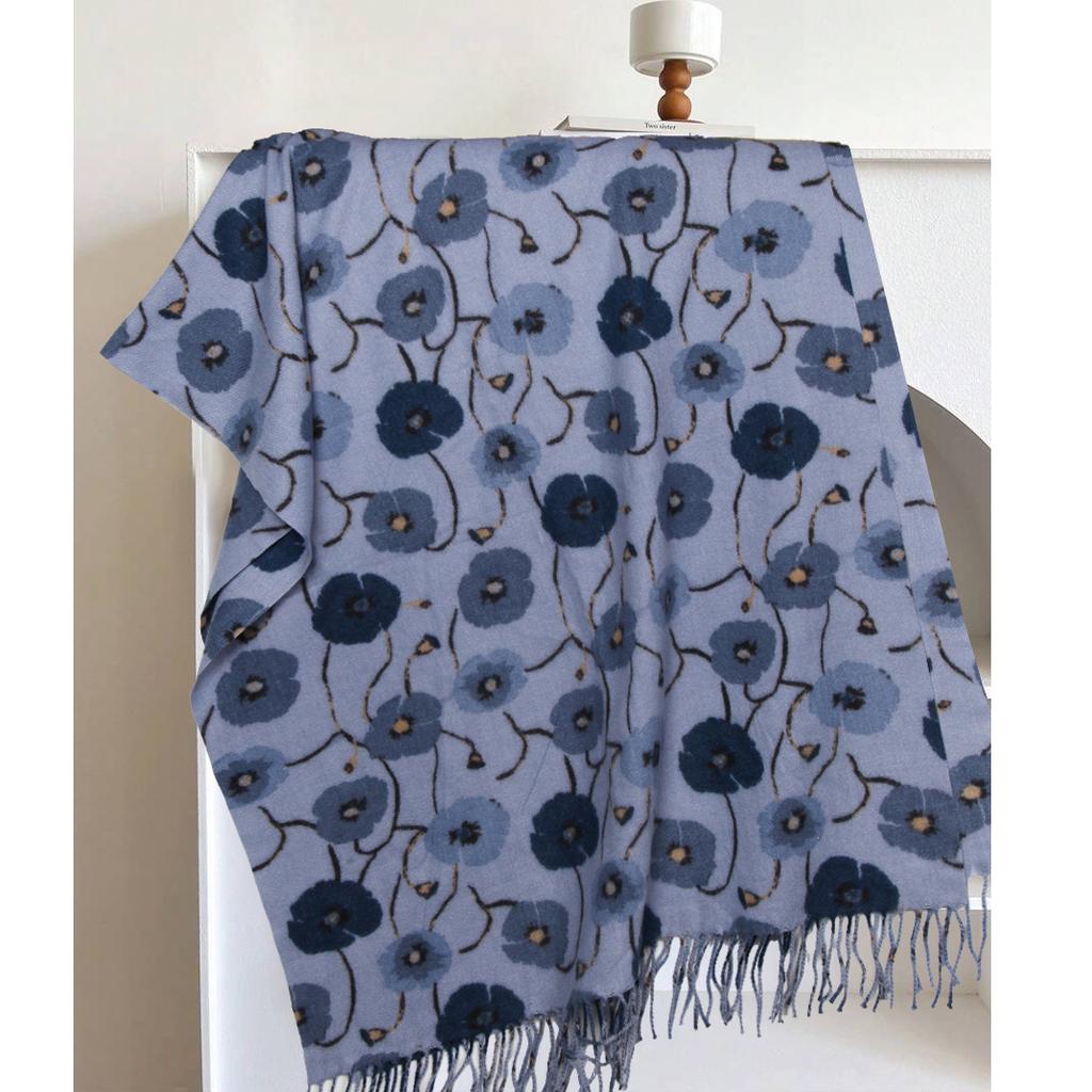 New Winter Warm Scarf Soft Faux Cashmere Shawl with Floral Print Double Color Neck Wrap Thick Fringe Stole for Women Luxury