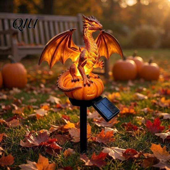Seasonal Spooky Table Decoration Dragon Solar Garden Light, Halloween Night Resin Gothic Pumpkin Unique Gift for Lovers Statue, Medieval Fantasy