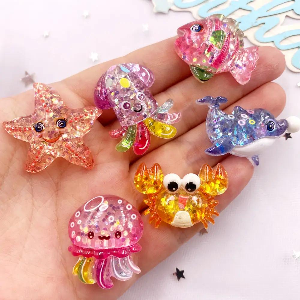 10pcs Glitter Colorful Resin Sea Star Crab Jellyfish Dolphin Ocean Animal Flatback Rhinestone Scrapbook DIY Figurine Decor Craft