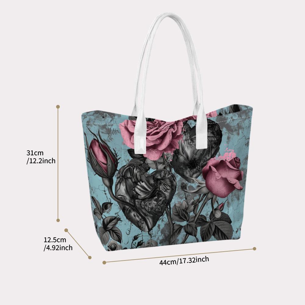 Gothic Heart Rose Tote Bag Vintage Floral Shoulder Handbag for Daily Use