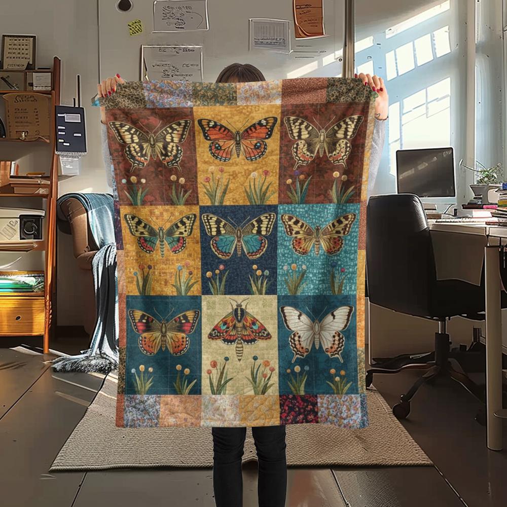 1Pc Patchwork Insect Print Flannel Blanket, High quality Comfortable for All Seasons, Home Decor, Warmth and Comfort, Perfect for Christmas Gifts67