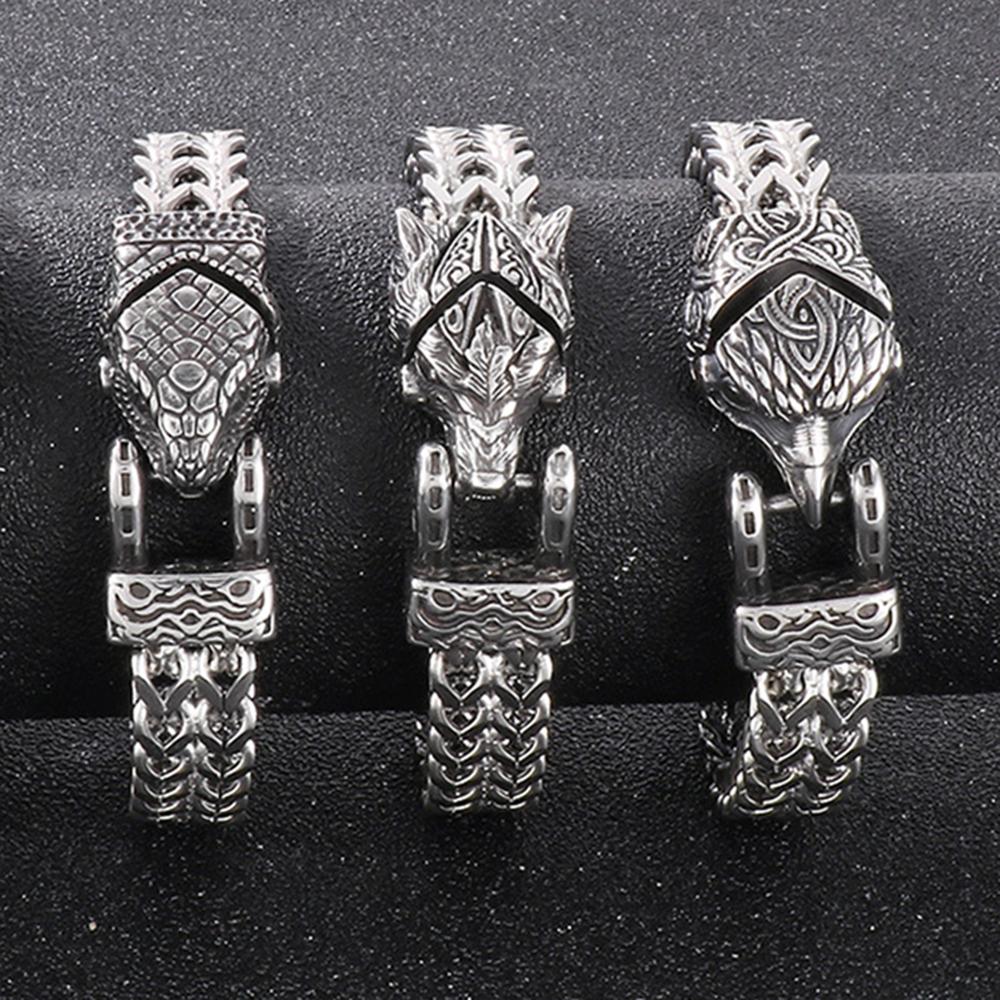 Punk Vikings Norse Wolf Bracelets Men Stainless Steel Biker Animal Bangles Nordic Mythology Jewelry Wolf Snake Eagle
