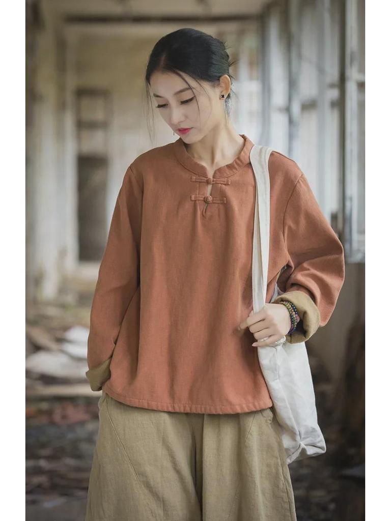 Dámská retro umělecká košile z bavlny a lnu: Jaro/Léto, S plusovým sametem, Tričko na knoflíky