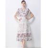 Summer Floral Print Long Dress V Neck Lantern Sleeves Embroidery Design Hollow Out Chic A Line Beachwear Female Dress