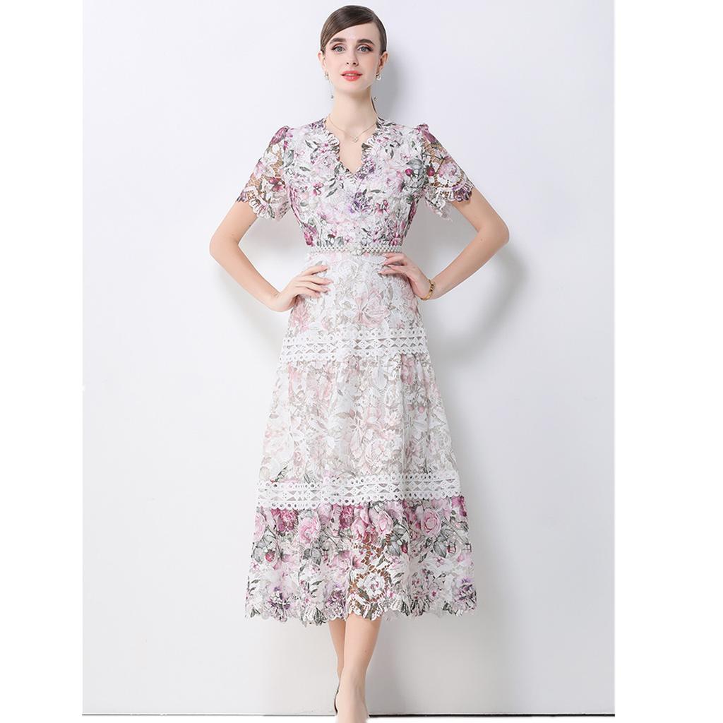 Summer Floral Print Long Dress V Neck Lantern Sleeves Embroidery Design Hollow Out Chic A Line Beachwear Female Dress