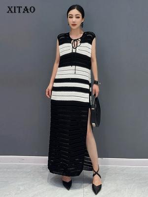 Contrast Color Hollow Out Knitting Pullover Dress ZY8844
