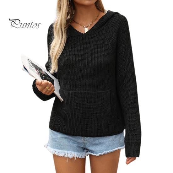 

Женский вязаный свитер с капюшоном, реглан, длинный рукав, узор в виде звезды, пуловер с капюшоном, передний карман, свободный крой, свитер, топы S чёрный