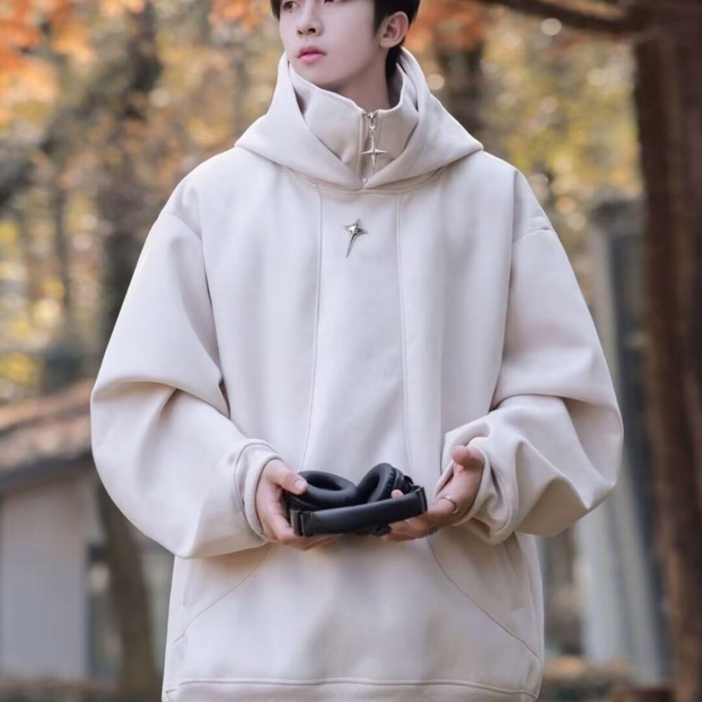 Suede American Turtleneck Sweater Men's Autumn and Winter Models, Trendy Brand Loose Casual Velvet Semi-zipper Hooded Jacket
