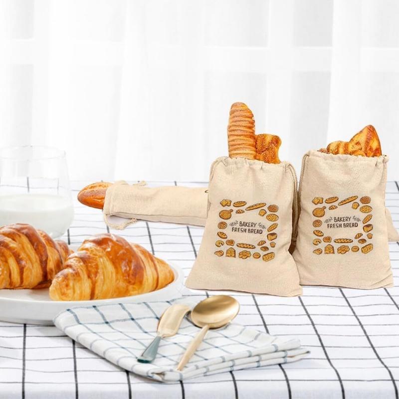Bolsa de Pan de Lino Reutilizable Portátil Bolsa Francesa para Baguette Tostada Bolsa de Pan de Algodón y Lino con Boca Fruncida Bolsa Creativa para Almacenamiento de Snacks