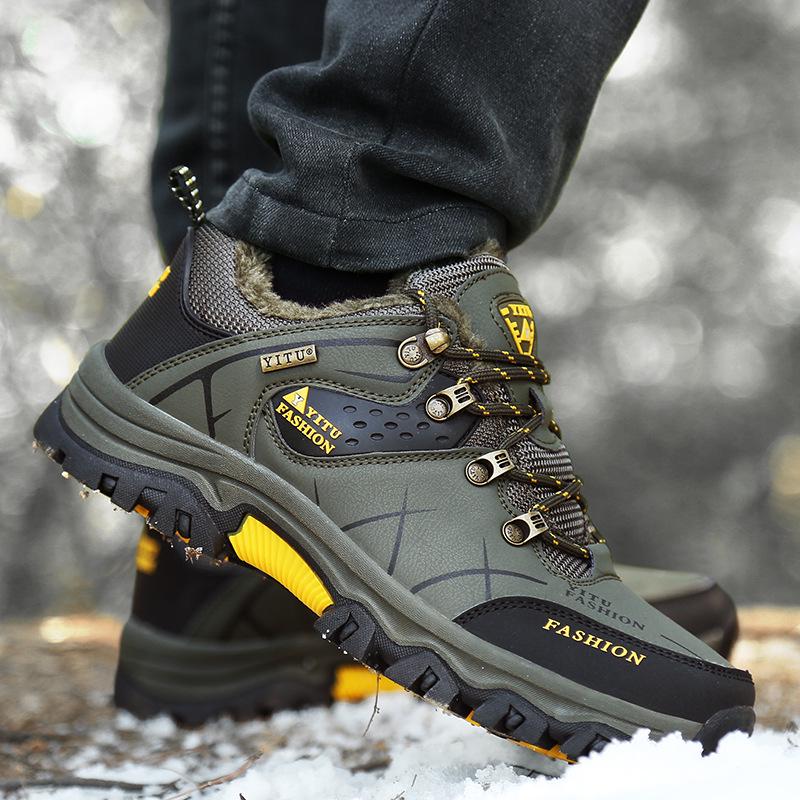 Autumn and Winter Large Size Men's Shoes Low-top Leather Velvet Outdoor Hiking Shoes Non-slip and Wear-resistant Hiking Shoes
