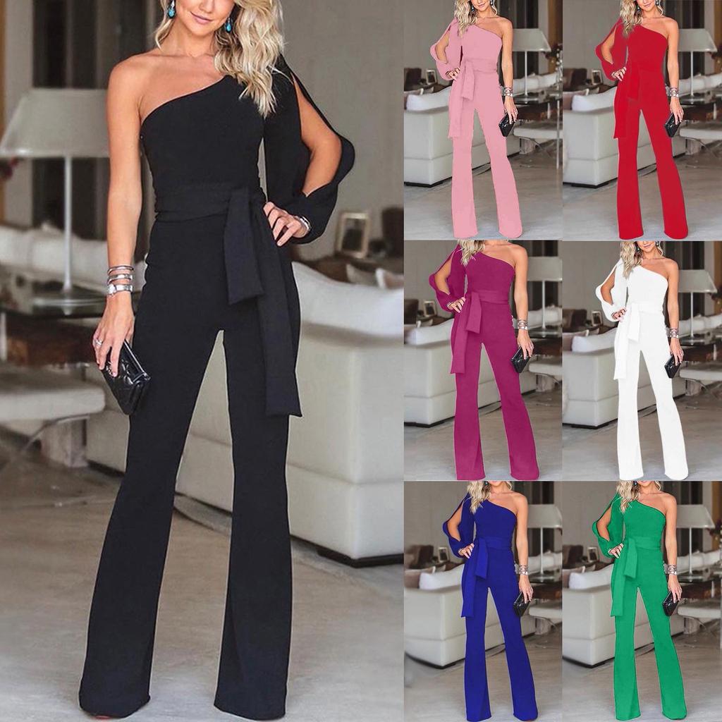 Women's One Shoulder High Waist Tie Solid  Long Sleeve Slim Sexy Jumpsuit